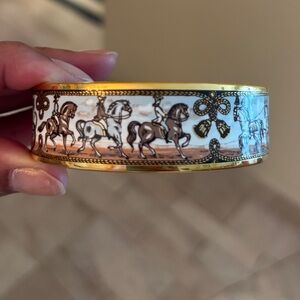 Hermès White Enamel Bangle with Horse motive and Gold Trim